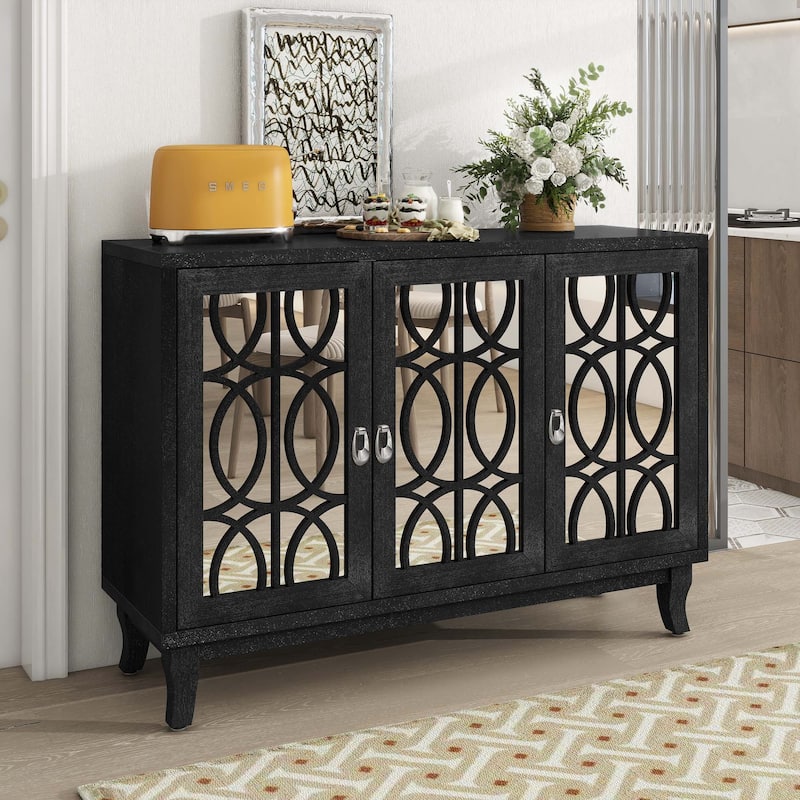 Sideboard with Glass Doors and Silver Handle for Living Room