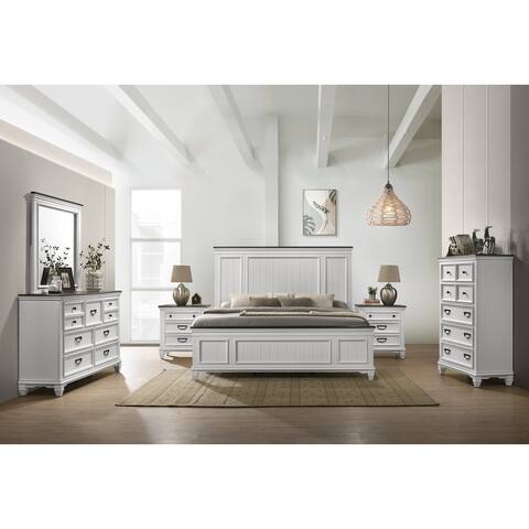 Roundhill Furniture Clelane Wood Bedroom Set with Bed, Dresser, Mirror, Two Nightstands, and Chest in Weathered White and Grey