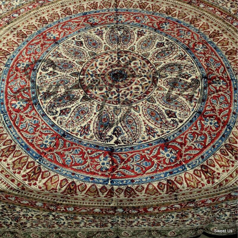 Kalamkari Cotton Block Print Floral Bloom Paisley Tablecloth Rectangle