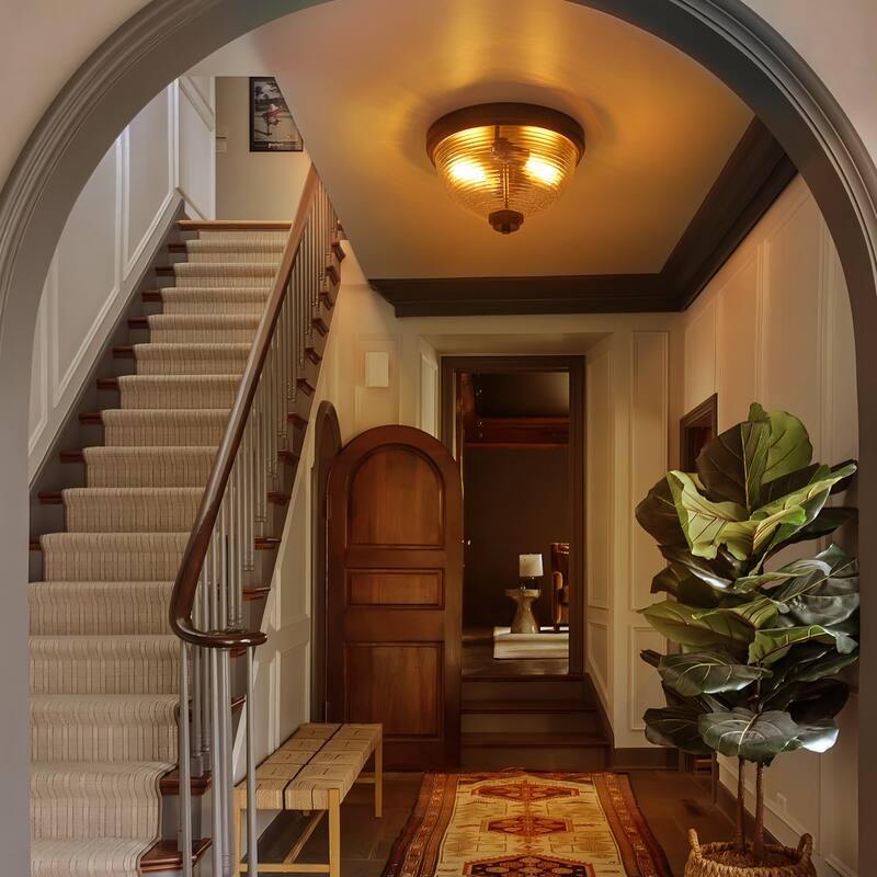 11.8" Modern Industrial 2-Light Black Dome Ribbed Glass Shade Flush Mount Ceiling Light for Hallway, Bathroom & Laundry Room