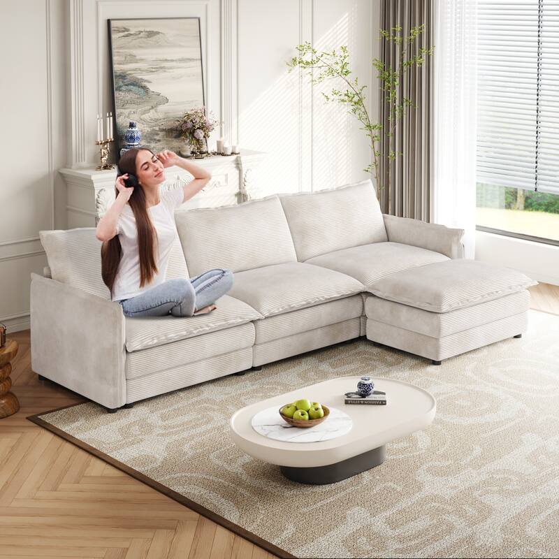 Corduroy Cloud Sectional Sofa Modular L Shaped Couch with Ottoman