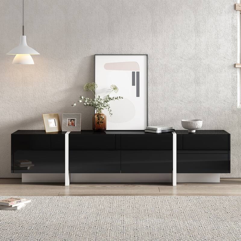 Modern TV Console for TVs Up to 80'', Contemporary Rectangle Design with 3 Cabinets & 2 Drawers, High Gloss Surface