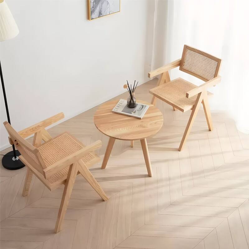 Modern Mid Century Rattan Dining Chairs with Armrest (Set of 2)