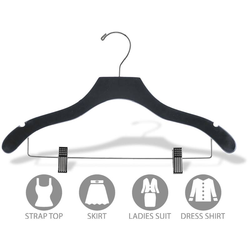 Black Wavy Combo Hanger with Adjustable Cushion Clips, Box of 100 Hangers with Notches and Chrome Hook