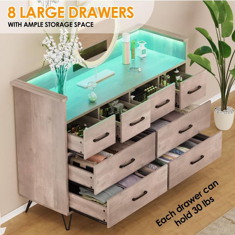 8 Drawer Dresser for Bedroom with LED Light, Charging Station & Open Shelf
