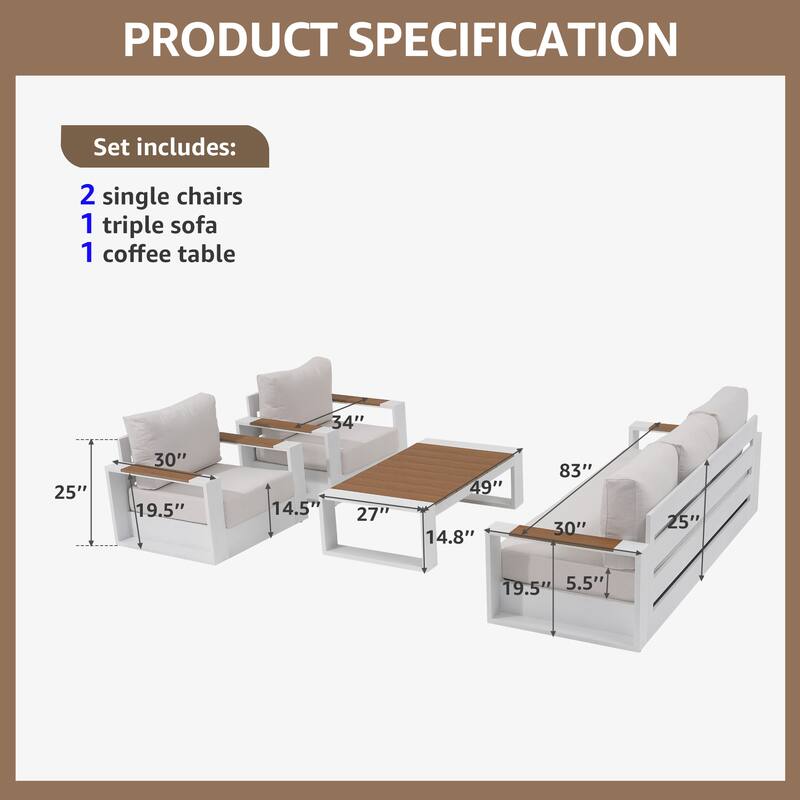 Outdoor 4 Piece Aluminum Sofa Set with Cushions