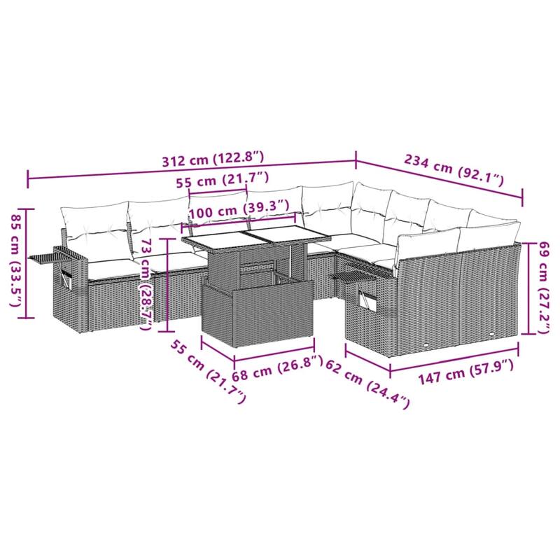 vidaXL Patio Sofa Set with Cushions Outdoor Furniture 10 Piece Poly Rattan - 21.7 x 39.4 x 28.7