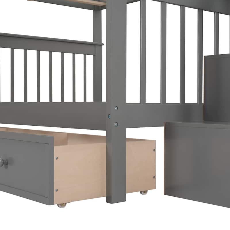 Solid Wood Full-Over-Full Bunk Bed with Stairway, Storage Drawers and Guardrails, Space-Saving Design