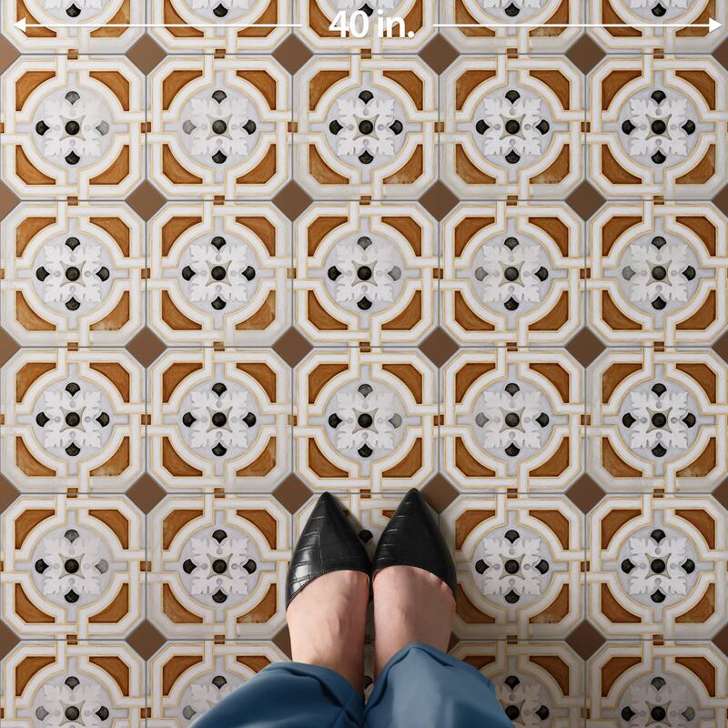 Merola Tile Vaudeville Octagon Deco Zimer with Taco Marron 7-7/8" x 7-7/8" Porcelain Floor and Wall Tile