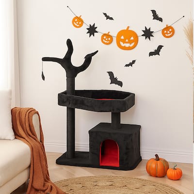 44" Gothic Cat Tree Tower with Condo, Coffin, Scratching Posts & Toys - 26.8 x 15.7 x 44.5 In
