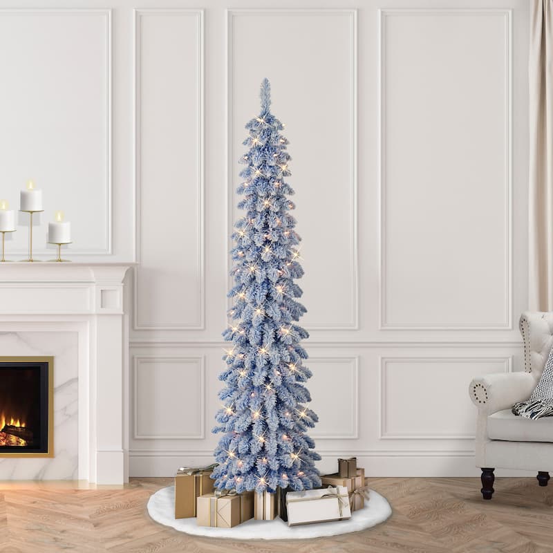 Puleo International 6 ft. Pre-Lit Flocked Blue Artificial Alpine Pencil Tree