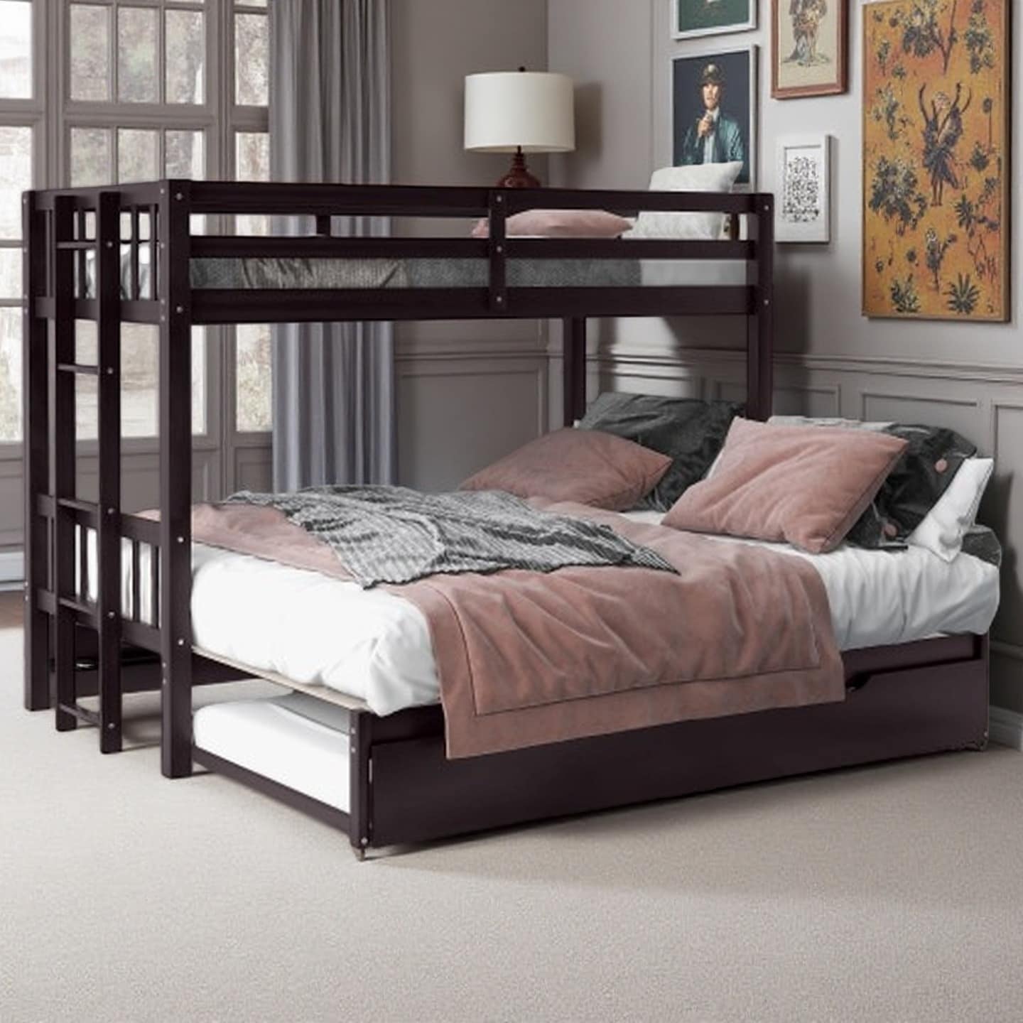 Pine Wood Twin Over Double Twin Bunk Bed with Pull-Out Trundle and Ladder, Fits 4 People