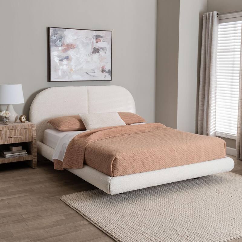 Cachet Floating Platform Bed with Rounded Headboard - Low Profile Minimalist Boucle Upholstered Bed Frame