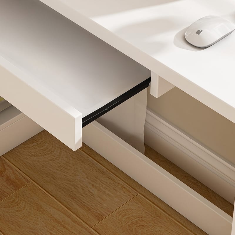 Computer Desk with Glass Cabinets & Built-In LED Lights, Corner L-Shaped Office Desk with USB Charging Ports, Keyboard Tray