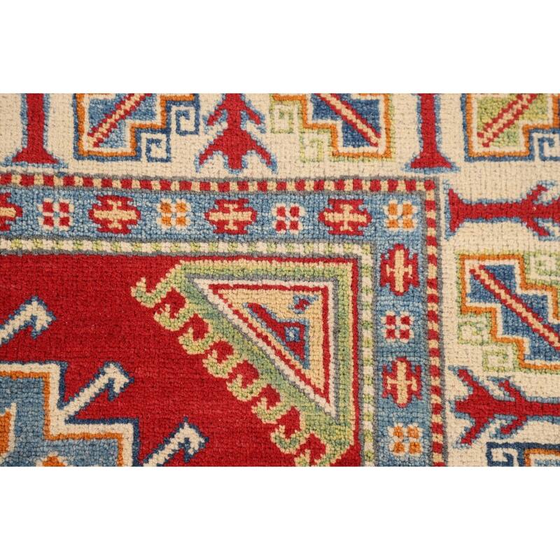 Red Geometric Kazak Oriental Rug Hand-Knotted Traditional Wool Carpet - 4'1" x 5'10"