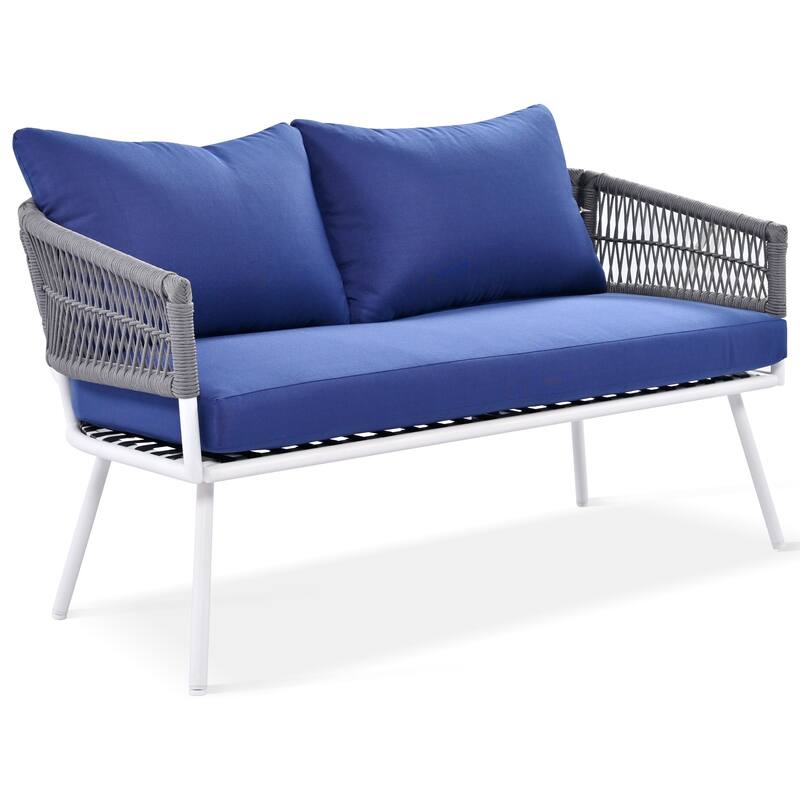 Outdoor 4-Piece Rope Conversation Sofa Set with Acacia Cool Bar Table & Armchairs