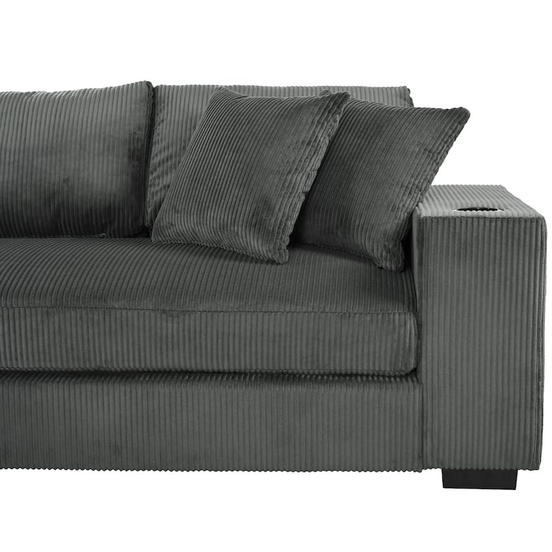 Grey Corduroy Large Sectional Sofa with Thick Cushions, Cup Holders & Charging Ports