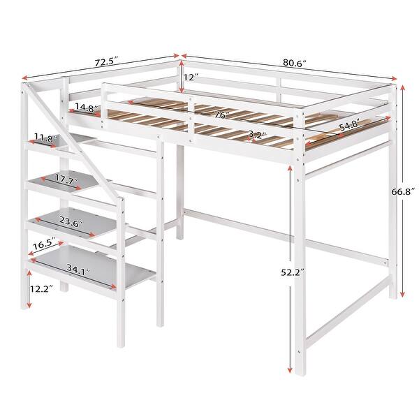 dimension image slide 0 of 2, Full Size Loft Bed with Built-in Storage Staircase, Side Clothes Hangers and Safety Rail, Solid Wood Slats Support