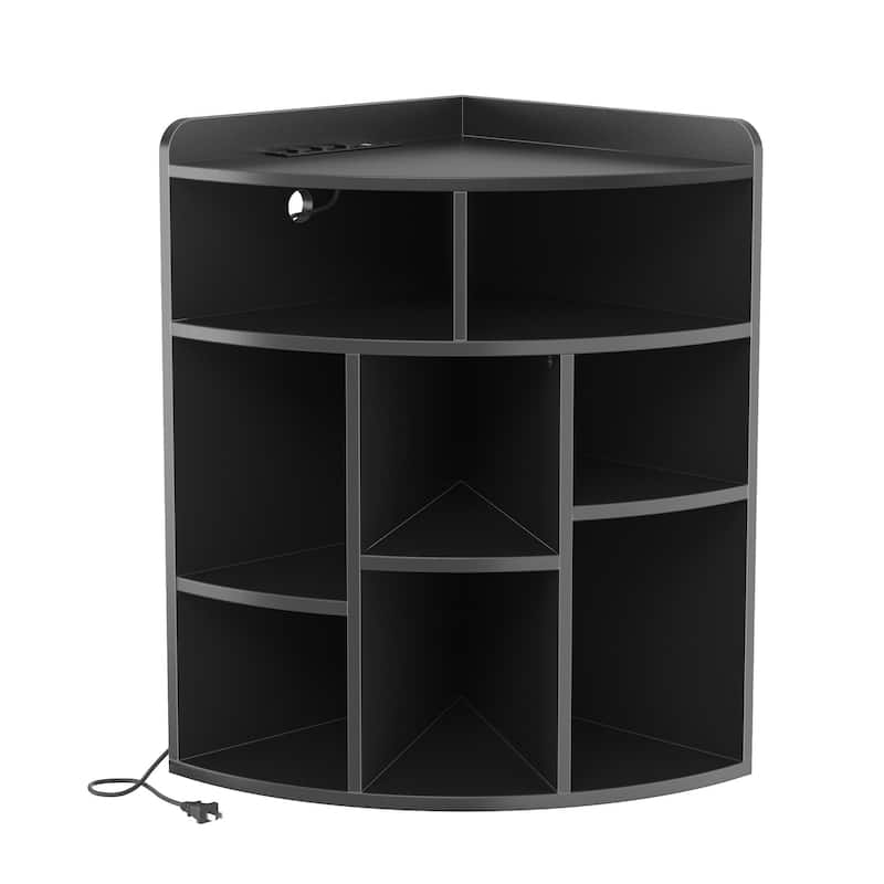 VECELO 4-Tier Adjustable Corner Bookshelf with Charging Station 3 AC Outlets & 2 USB Ports Waterproof Eco-Friendly Design