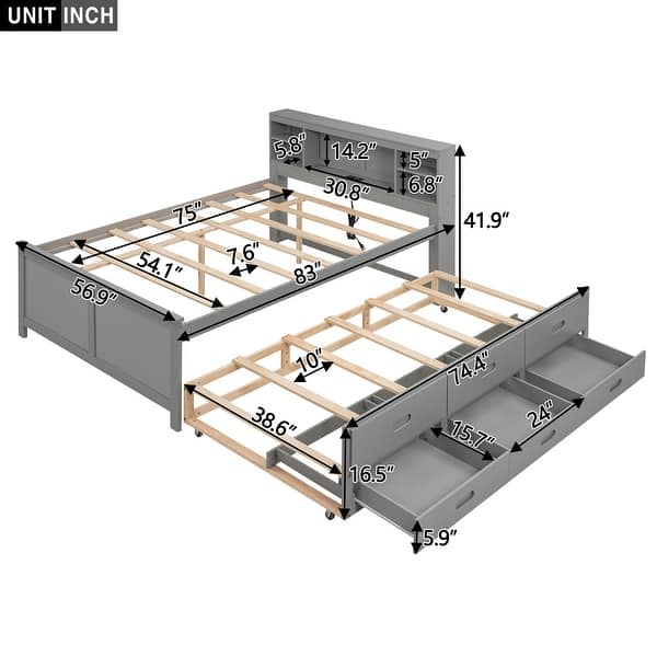 Full Size Wooden Platform Bed w/Storage Headboard, Trundle & USB Ports