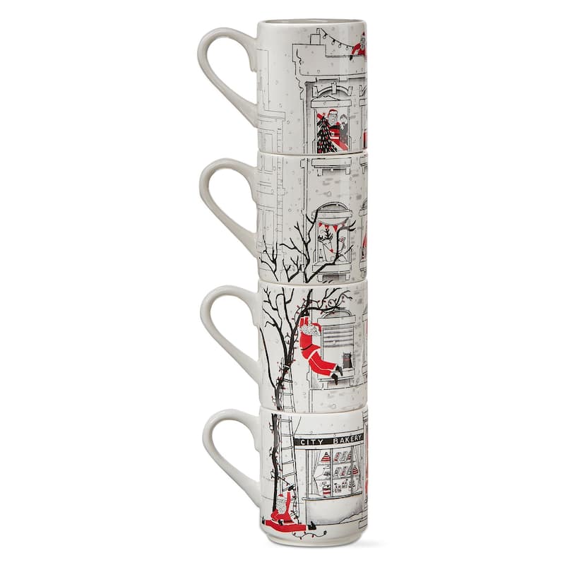 Santa Cityscape Stacking Mugs Set of 4 - 16oz Bone China Drinkware for Christmas - Dishwasher Safe, Multicolor