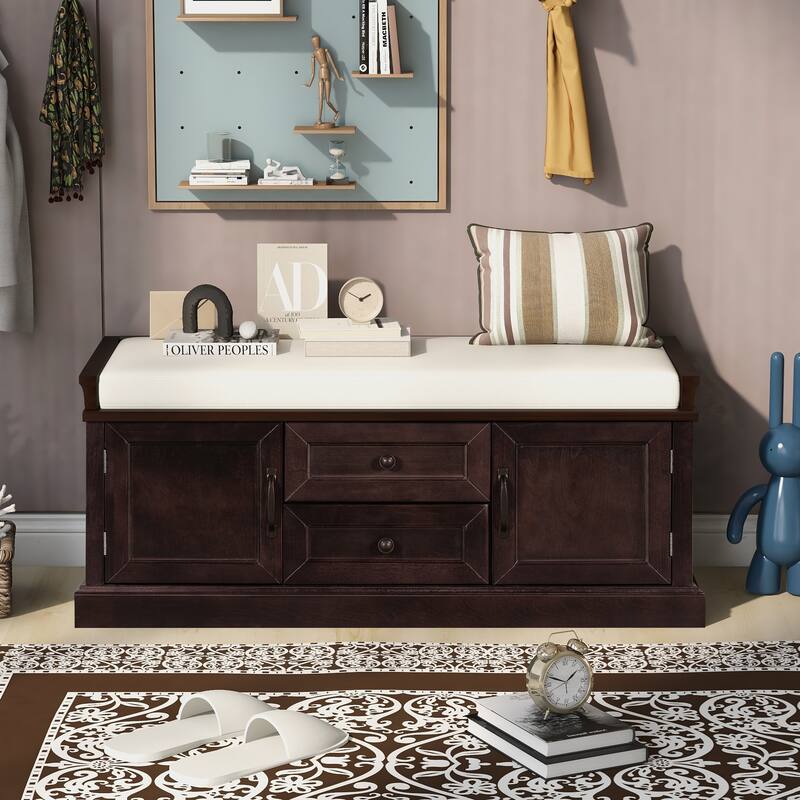 Storage Shoes Bench with 2 Drawers, 2 Cabinets and Removable Cushion