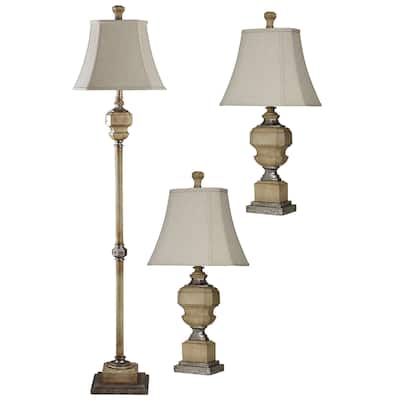 StyleCraft Florentine Antique Caramel Table and Floor Lamp Set - Taupe Softback Fabric Shade (Set of 3)