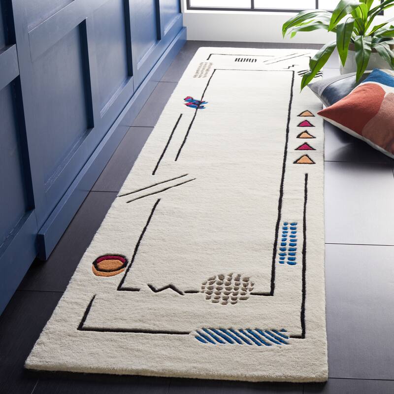 SAFAVIEH Handmade Fifth Avenue Aysu Mid-Century Modern Wool Rug - 2'3" x 9' Runner - Ivory/Blue