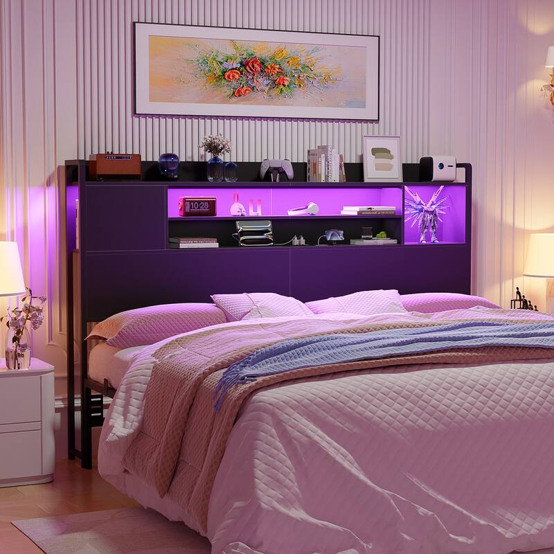 Storage Headboards with Power Outlet and LED Light, Head board with Storage Shelves for Bed Frame