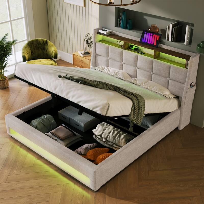 Full size Upholstered Platform bed with a Hydraulic Storage System