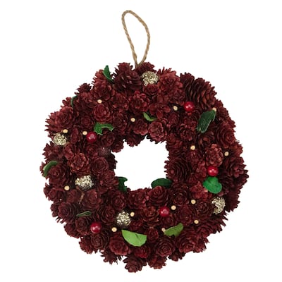 Red Gold Pine Cone Ornament Artificial Christmas Wreath, 9.5", Unlit