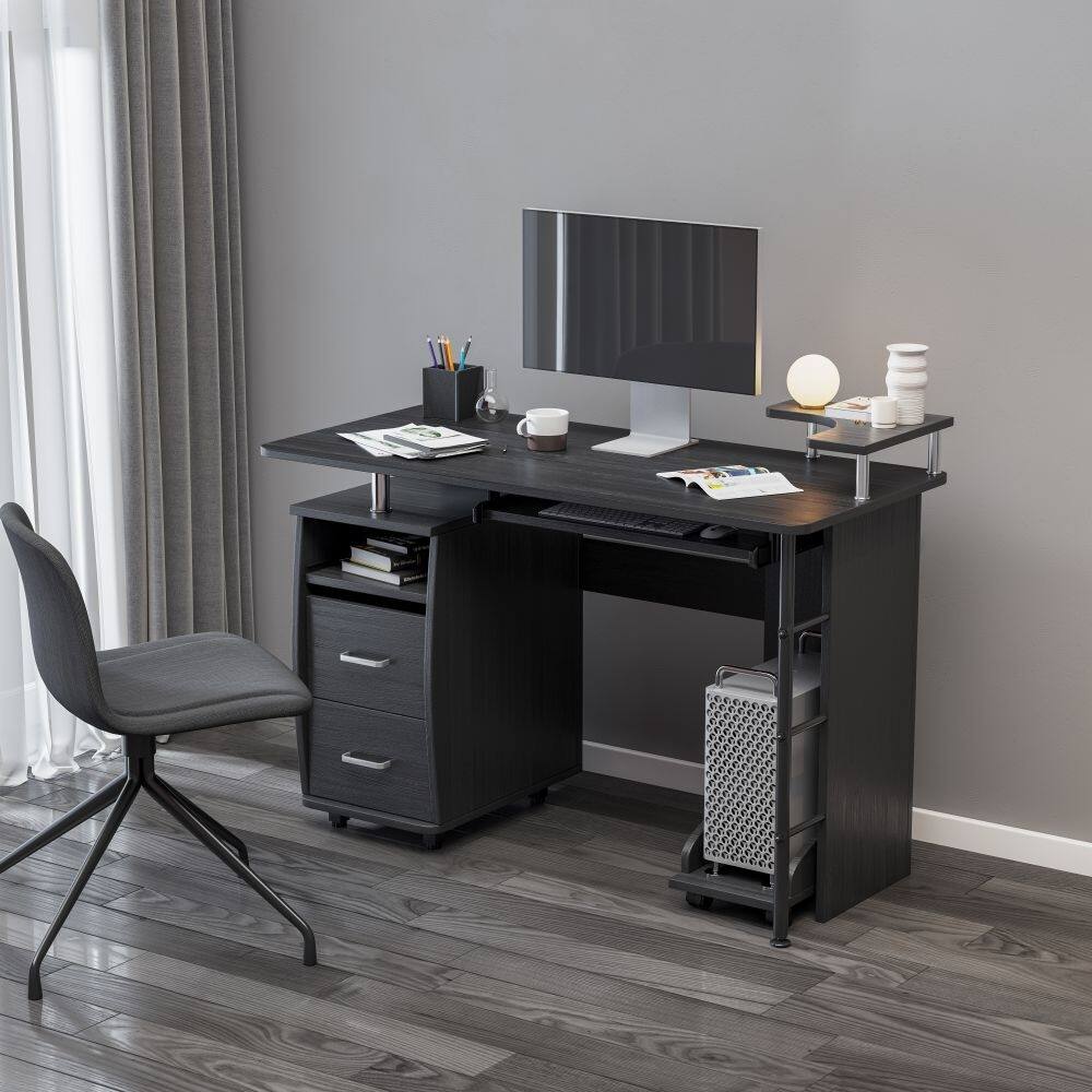 2-Drawers Black Solid Wood Computer Desk, Office Table with PC Droller