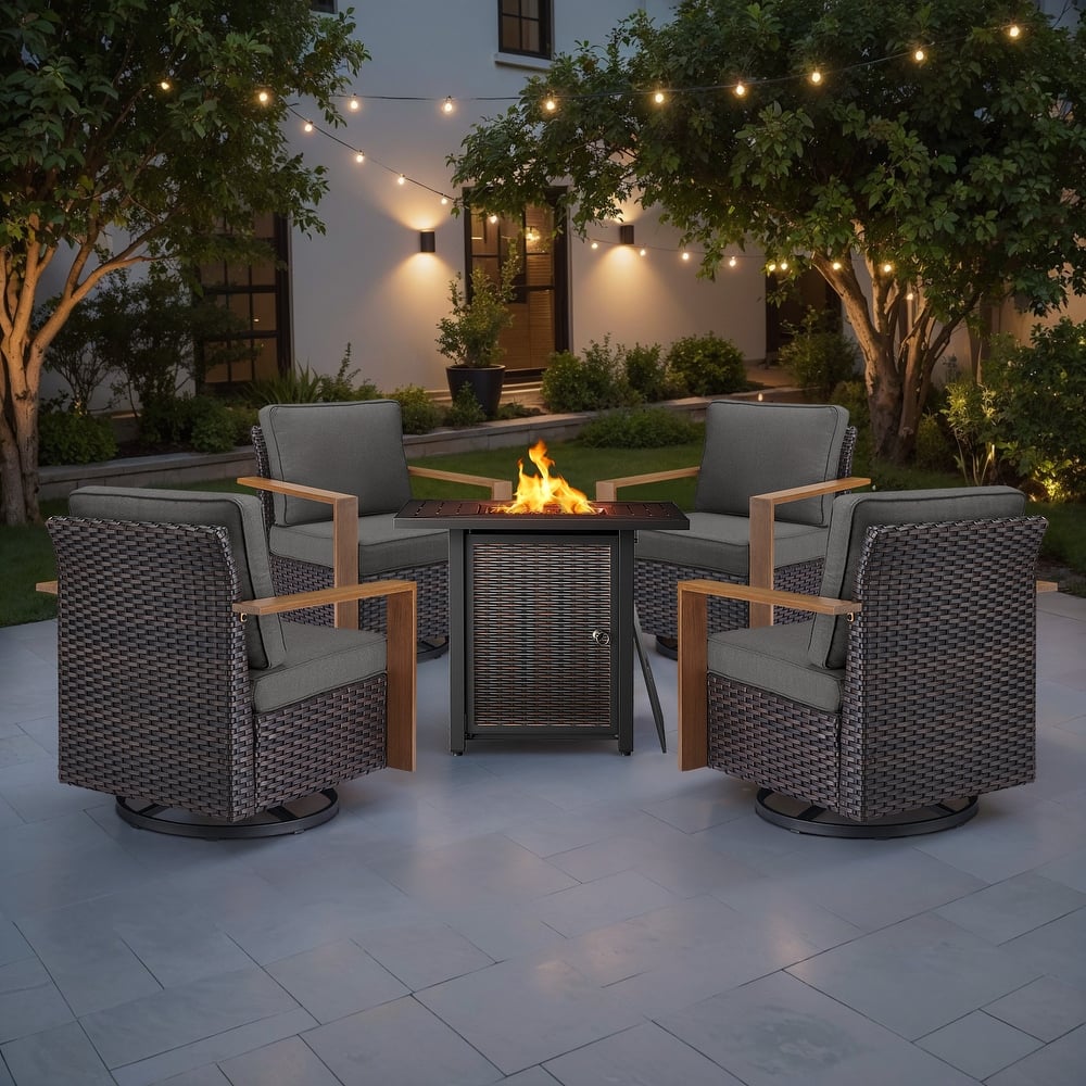 Meyreso 5-Piece Wicker Swivel Glider Metal Fire Pit Set with Plush 4.5" Olefin Cushions