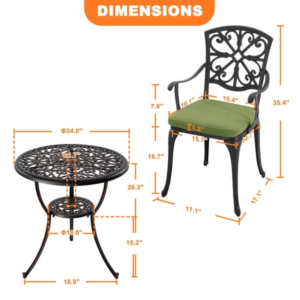 dimension image slide 0 of 2, Nuu Garden Outdoor 3-Piece Cast Aluminum Patio Set with Cushions and Umbrella Hole