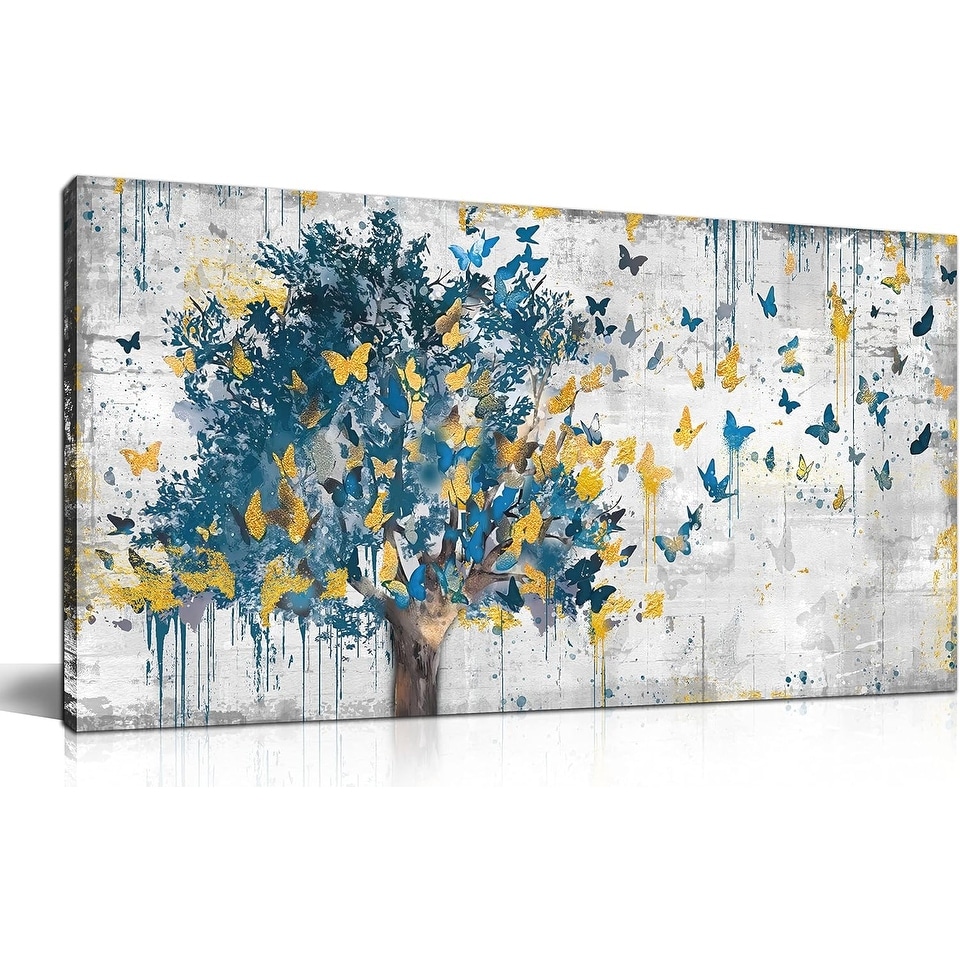 Blue Tree Golden Butterflies Picture Abstract Grey Graffiti