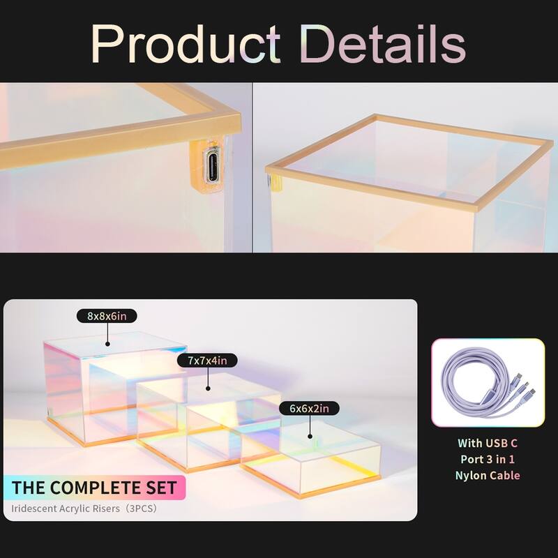 Iridescent Acrylic Display Risers with LED Light Set of 3