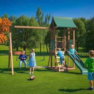 EROMMY 4-in-1 Wooden Swing Set – Backyard Playset w/ Slide, Climbing Wall, 2 Swings & Blackboard | Safe Outdoor Fun for Kids