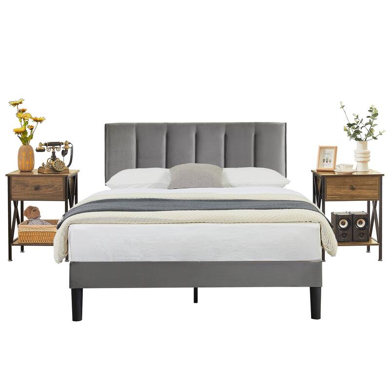 VECELO 3-Pieces Bedroom Sets Upholstered Bed Frame and Nightstands Set of 2 Dark Grey Platform Bed Frame