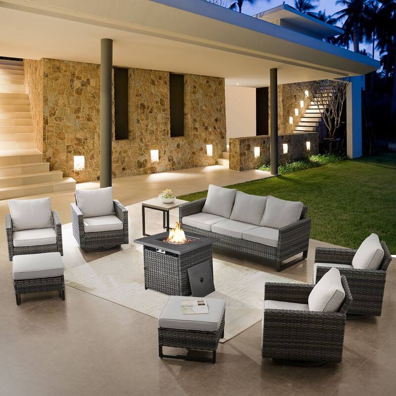 4 Patio Swivel Chairs with Sofa and Fire Pit Table - Grey - Beige