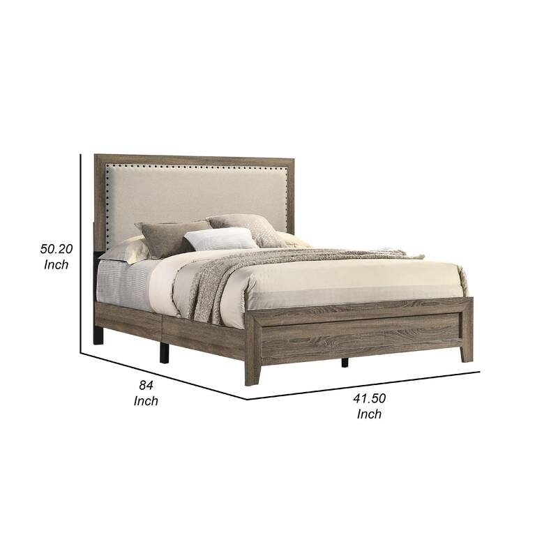 Shannon Full Panel Bed with Nailhead Trim, Ivory Fabric, Gray Wood