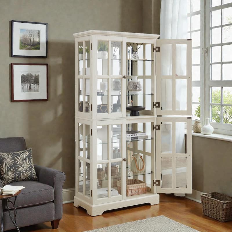 Antique Curio Display Cabinet with Glass Doors, 4 Door Vintage Showcase with Adjustable Shelves and Light