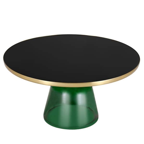 slide 2 of 18, 30-Inch Round Coffee Table Glass/Stone Tabletop with Gold Iron Rim Frame Glass Pedestal Base Green/Black Glass