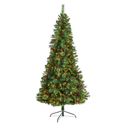 7ft. Flat Back Pine Artificial Christmas Tree with Pinecones, Berries & 210 Warm White LED Lights - Bright Holiday X-Mas Display