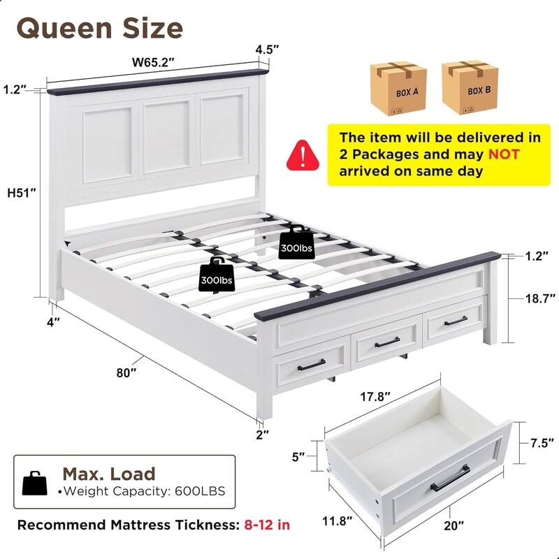 Farmhouse Queen Wood Bed Frame with 52" Tall Headboard & Footboard