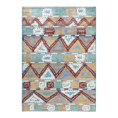 Overton Hand Knotted Wool Vintage Inspired Modern Contemporary Modern Light Blue Area Rug - 6' 3" x 8' 9"