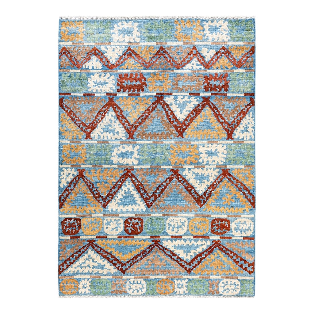 Overton Hand Knotted Wool Vintage Inspired Modern Contemporary Modern Light Blue Area Rug - 6' 3" x 8' 9"