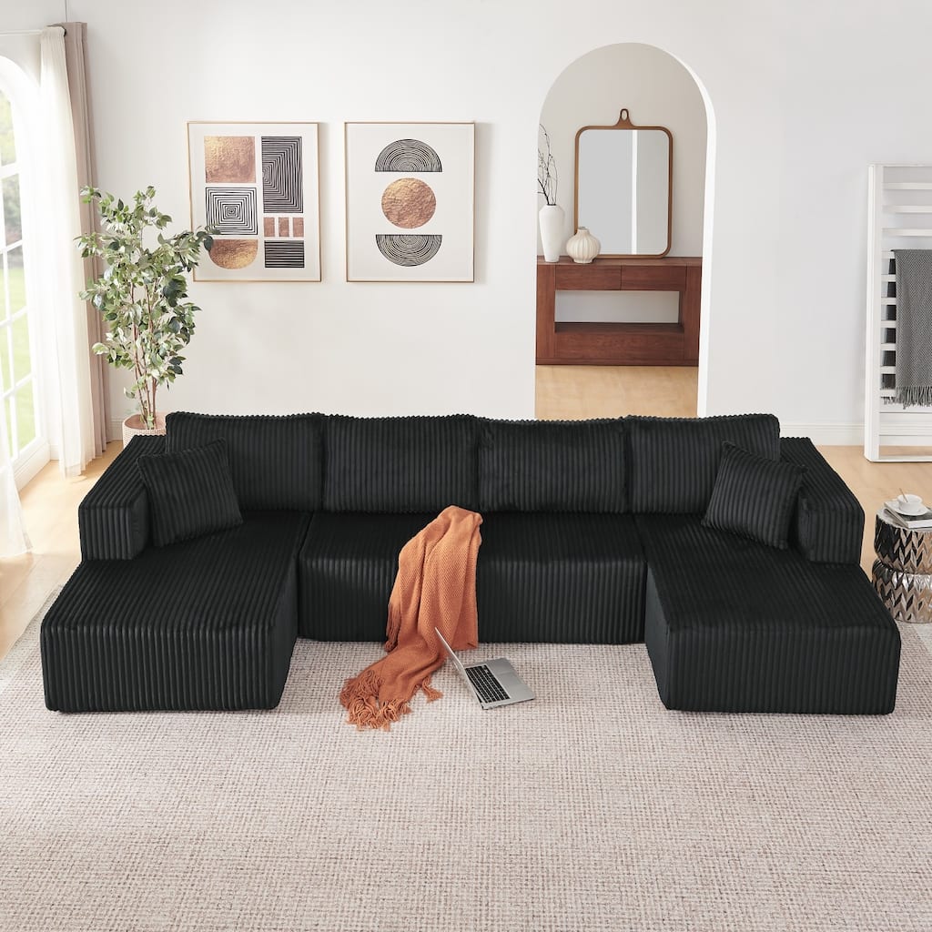 132" U-Shaped Corduroy Sectional Sofa with Chaises, No Assembly Required