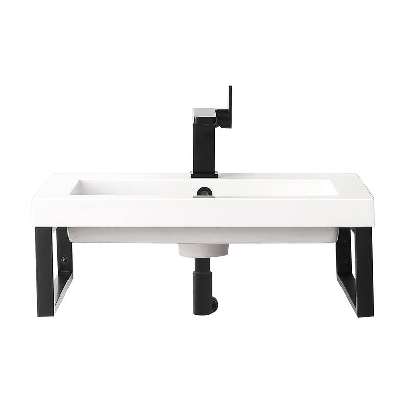 Two Boston 15 1/4" Wall Brackets w/23.6" White Glossy Composite Stone Countertop - Matte - Matte Black Base - White Top