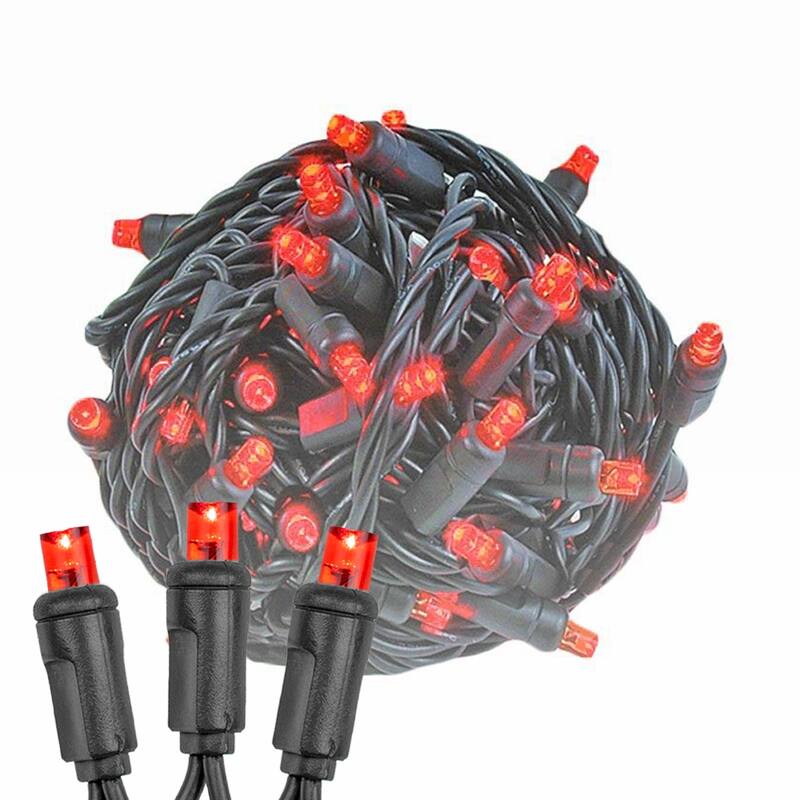 50 Light LED Christmas Mini Light Set, Patio Lights, Warm White, Black Wire, 11’ - Red