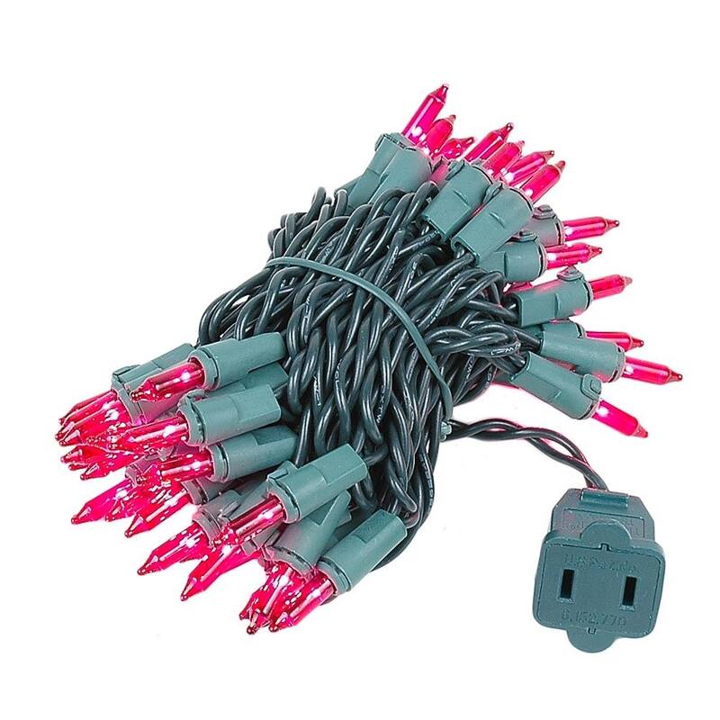 50 Light Christmas Mini Light Set, Green Wire, 11' Long - Pink